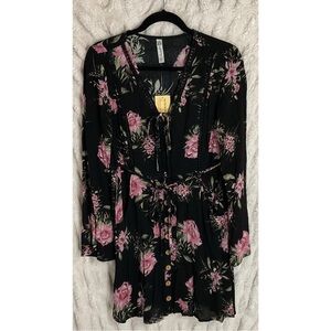 American Rag Long Sleeve Black and Pink Floral Pattern Button-Down Dress